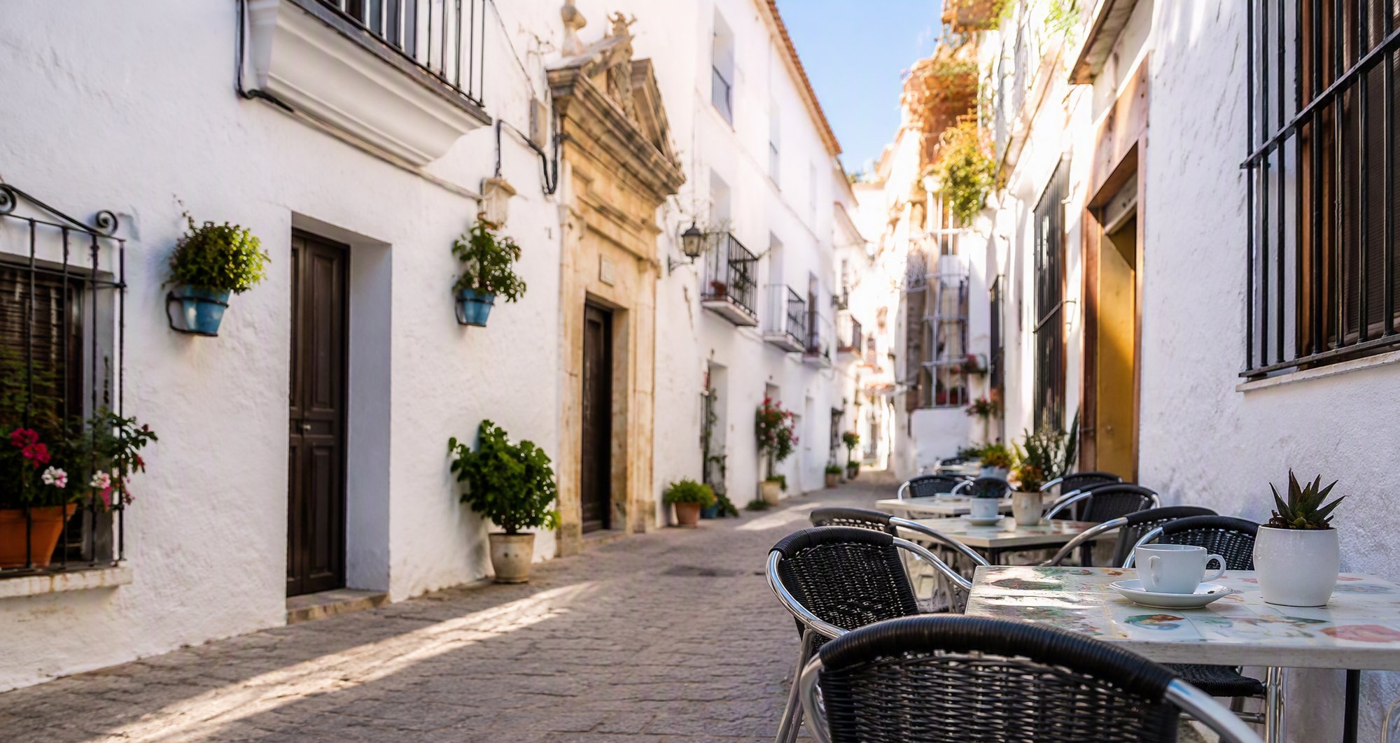 Terrace tables on the cobbled lane of Arcos old town